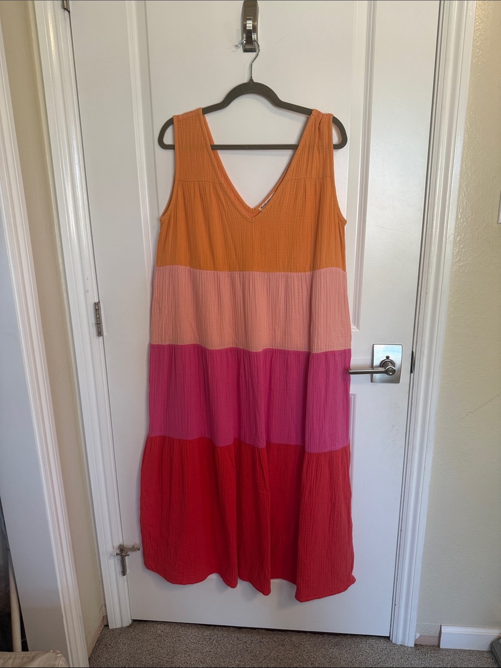 Marine Layer Sleeveless Colorblock Maxi Dress in Orange, Pink & Red- 100% Cotton